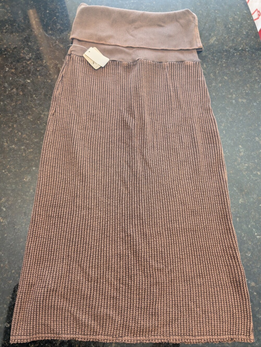 Free People Waffle Knit Stretchy Foldover Brown Slit Skirt XL